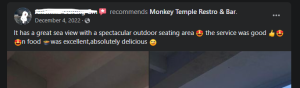 Good reviews given by people for Monkey Temple restro and bar